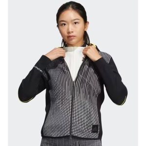 ADIDAS • Black/White/Grey/Yellow Abstract Print Full-Zip Hooded Knit Jacket